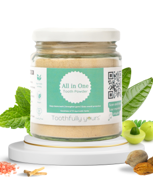 oothfully Yours Ayurvedic All in One Tooth Powder jar with natural herbal ingredients for gum protection.